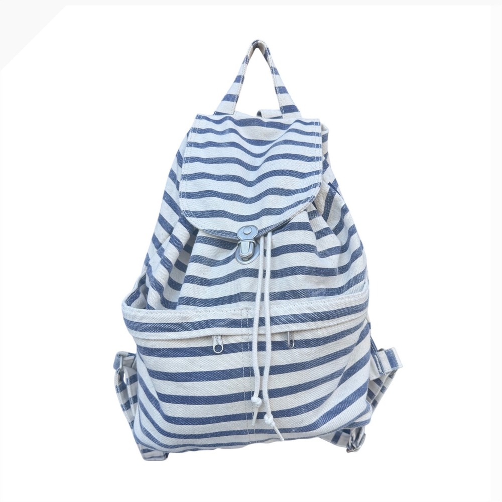 BAGGU Sailor Stripe Canvas Backpack Navy Blue White Cotton Heavyweight Duck Bag